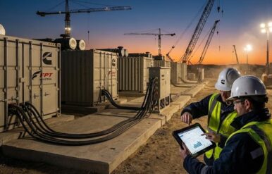 Büyük ölçekli inşaat projesinde paralel çalışan kiralık endüstriyel jeneratörler ve sahada teknik analiz yapan mühendisler